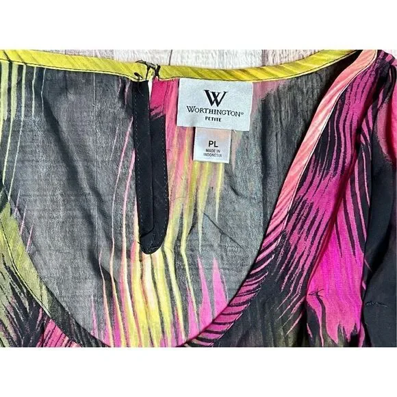 Worthington Petite Multi-color Abstract Sheer Cap Sleeve Blouse PL Colorful - Picture 4 of 12